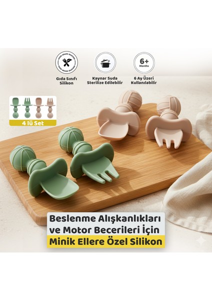 Silikon Bebek Kaşık Çatal Seti 4’lü, Blw, Gıda Sınıfı Silikon, Krem Yeşil