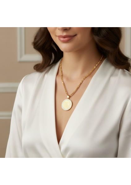 Lux Çelik Tuğra | Zirkon Taşlı Gold Kaplama Madalyon Kolye fiyatları