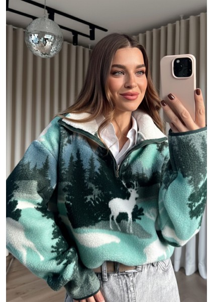 Yarım Fermuarlı Oversize Geyik Model Peluş Sweatshirt
