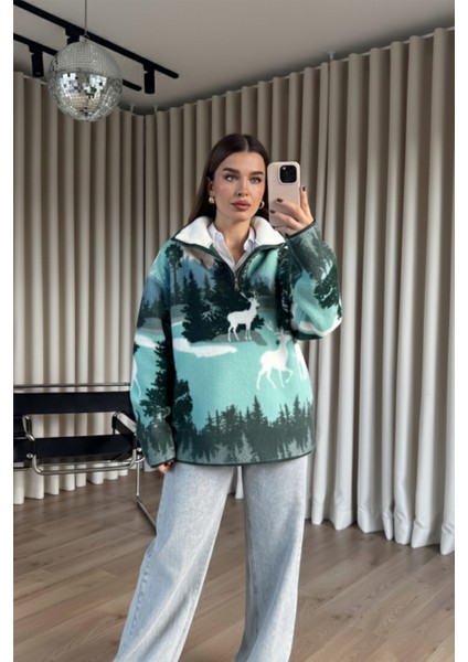 Yarım Fermuarlı Oversize Geyik Model Peluş Sweatshirt fiyatları