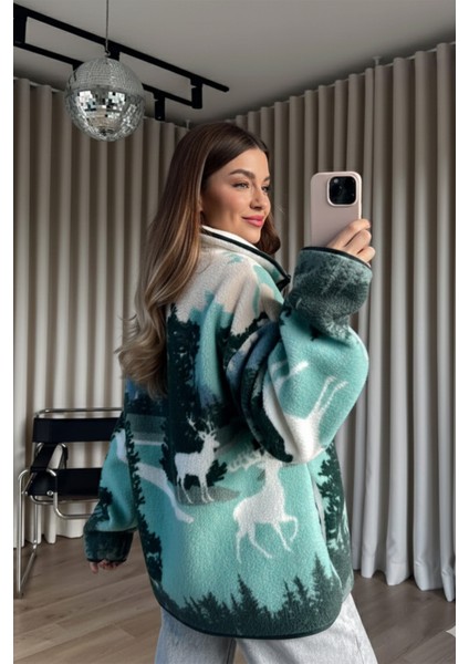 Yarım Fermuarlı Oversize Geyik Model Peluş Sweatshirt modelleri