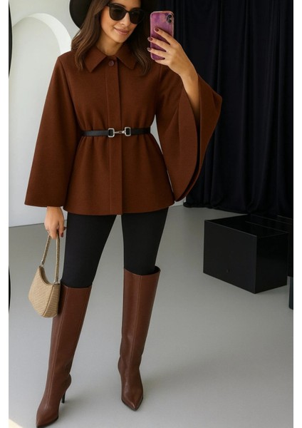 Prilika Kahverengi Kaşmir Panço – Kadın Kemerli Rahat Kalıp 2025