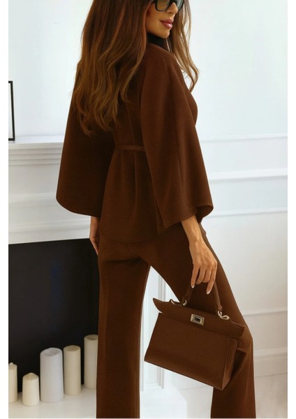 Prilika Kahverengi Kaşmir Panço – Kadın Kemerli Rahat Kalıp 2025