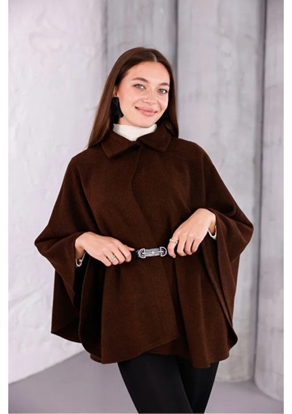 Kadın Kahverengi Şık Kemer Detaylı Panço