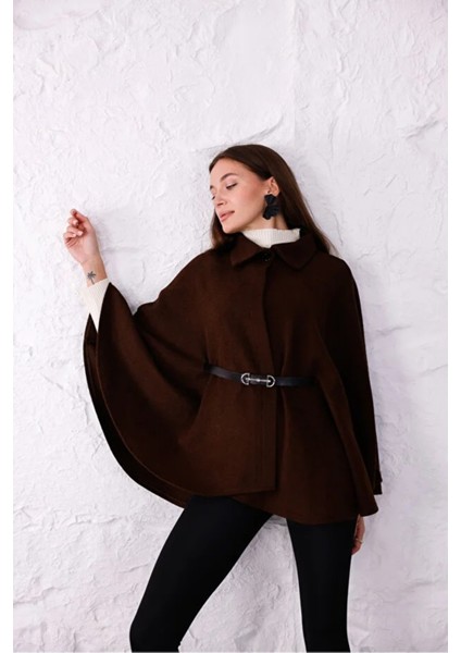 Kadın Kahverengi Şık Kemer Detaylı Panço