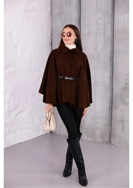 Kadın Kahverengi Şık Kemer Detaylı Panço