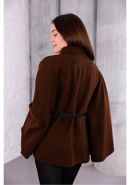 Kadın Kahverengi Şık Kemer Detaylı Panço