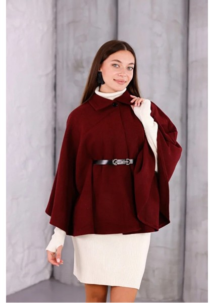 Kadın Bordo Şık Kemer Detaylı Panço