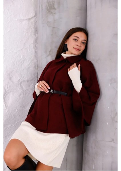Kadın Bordo Şık Kemer Detaylı Panço fiyatları
