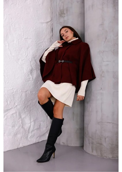 Kadın Bordo Şık Kemer Detaylı Panço modelleri