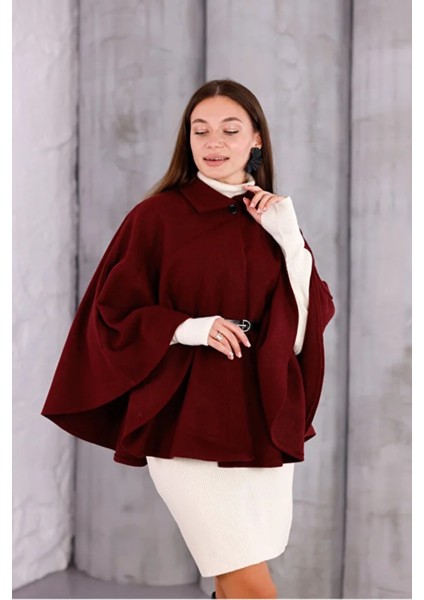 Kadın Bordo Şık Kemer Detaylı Panço indirimleri
