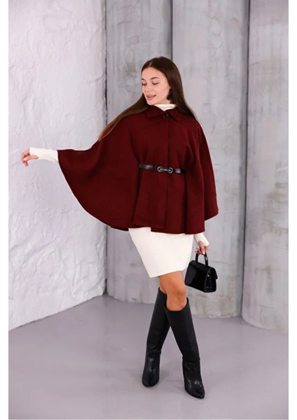 Kadın Bordo Şık Kemer Detaylı Panço