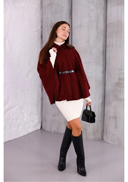 Kadın Bordo Şık Kemer Detaylı Panço