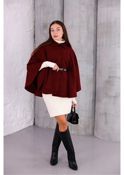 Kadın Bordo Şık Kemer Detaylı Panço
