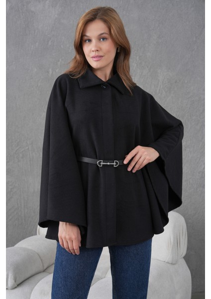 Kadın Siyah Kemerli Kaşe Panço – Oversize Modern Şıklık ve Rahat Yeni Sezon Dış Giyim fiyatları