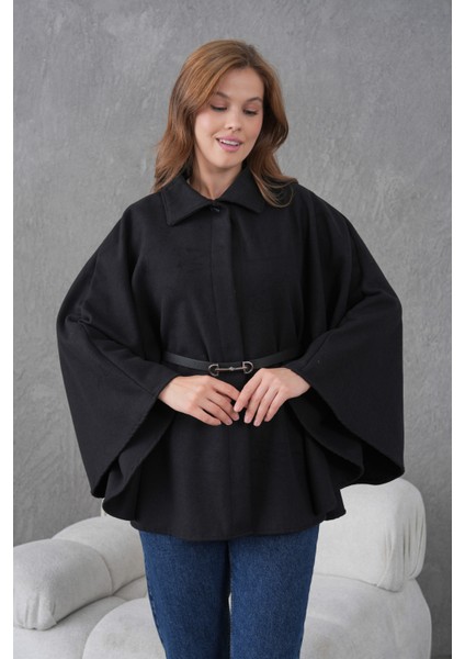 Kadın Siyah Kemerli Kaşe Panço – Oversize Modern Şıklık ve Rahat Yeni Sezon Dış Giyim modelleri