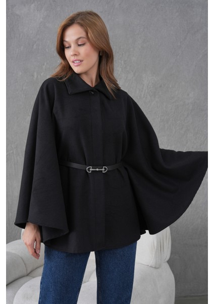 Kadın Siyah Kemerli Kaşe Panço – Oversize Modern Şıklık ve Rahat Yeni Sezon Dış Giyim fırsatları