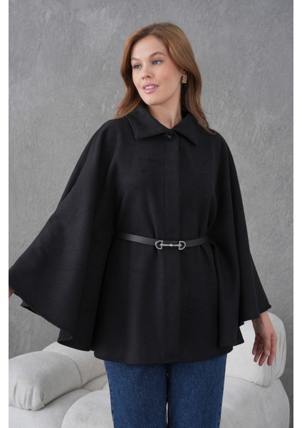 Kadın Siyah Kemerli Kaşe Panço – Oversize Modern Şıklık ve Rahat Yeni Sezon Dış Giyim indirimleri