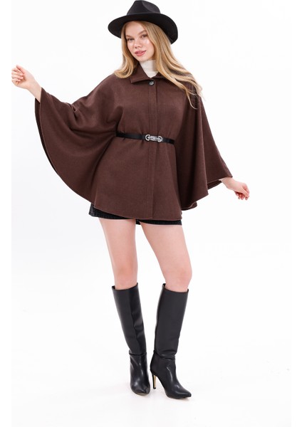 Kadınlar Için Şık Kahverengi Kemerli Kaşe Panço modelleri