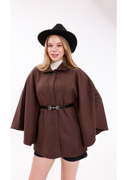 Kadınlar Için Şık Kahverengi Kemerli Kaşe Panço