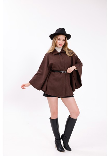 Kadınlar Için Şık Kahverengi Kemerli Kaşe Panço