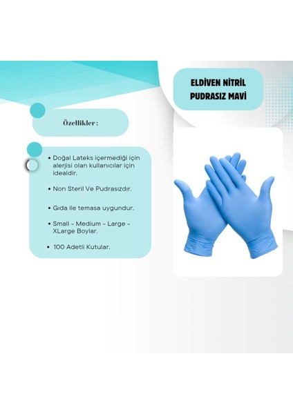 Eldiven Nitril Pudrasız Mavi M Beden 100'LÜPAKET