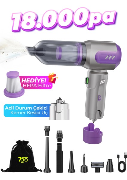 AHV-14 2'si 1 Arada Kablosuz Araç İçi Süpürge Mor | 18000PA Güçlü Vakum + Üfleme | Cam Kırıcı & Kemer Kesici Acil Durum Özellikli