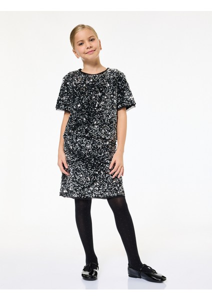 Bisiklet Yaka Kısa Kollu Pullu Payetli Yılbaşı Bluz