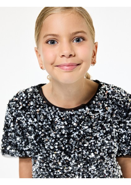 Bisiklet Yaka Kısa Kollu Pullu Payetli Yılbaşı Bluz fiyatları
