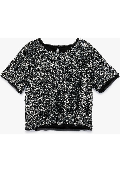 Bisiklet Yaka Kısa Kollu Pullu Payetli Yılbaşı Bluz modelleri