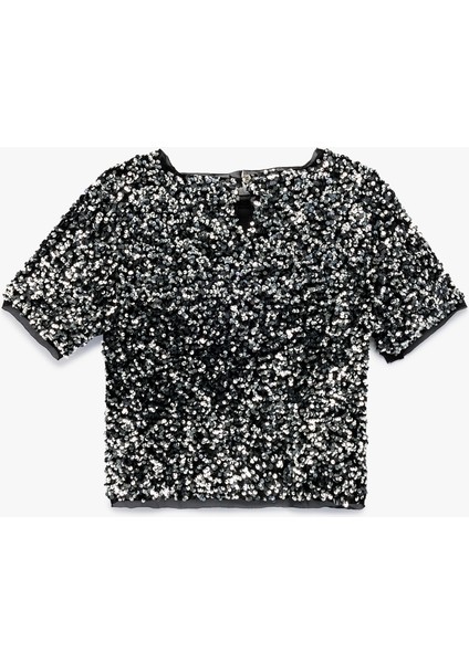 Bisiklet Yaka Kısa Kollu Pullu Payetli Yılbaşı Bluz fırsatları