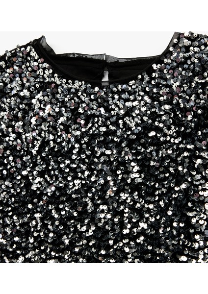 Bisiklet Yaka Kısa Kollu Pullu Payetli Yılbaşı Bluz indirimleri