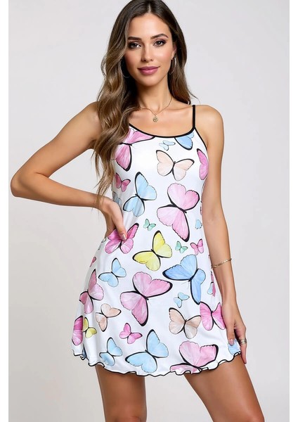 Renkli Kelebek Desenli Askılı Kadın Gecelik - NJ001P-4I9KU9