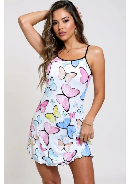 Renkli Kelebek Desenli Askılı Kadın Gecelik - NJ001P-4I9KU9 fiyatları