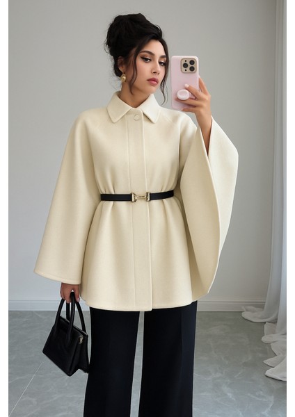 Zarif Kadın Bej Kemerli Kışlık Kaşe Panço Modelleri fiyatları