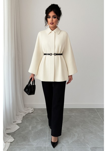 Zarif Kadın Bej Kemerli Kışlık Kaşe Panço Modelleri modelleri