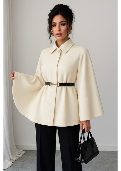 Zarif Kadın Bej Kemerli Kışlık Kaşe Panço Modelleri fırsatları