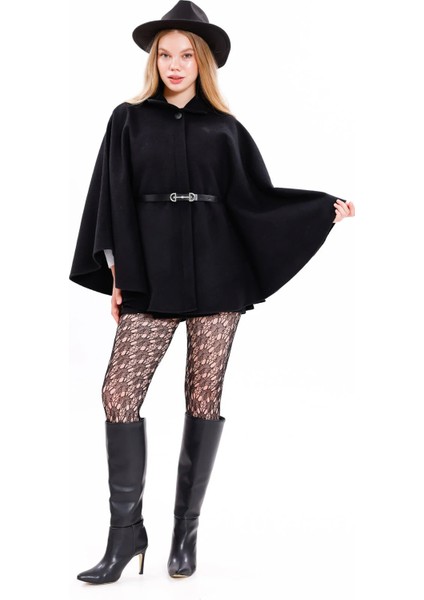 Siyah Prilika Kadın Kemerli Kaşe Panço – Oversize Şık Trend 2025 Yeni Sezon indirimleri