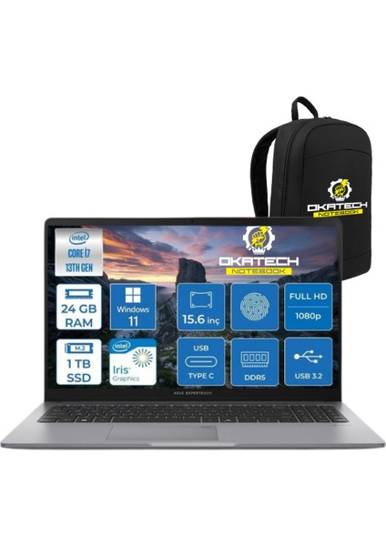 expertbook P1 P1503 Intel Core I7-13620H 24GB Ddr5 1tb SSD W11P 15.6 Fhd Taşınabilir Bilgisayar P1503CVA-I7241W11P + Sırt Çantası