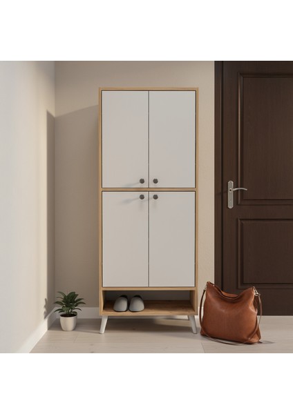 Dilek 4 Kapaklı ve 9 Raflı Çok Amaçlı Dolap - Atlantik Çam / Beyaz - 165X35X64 cm