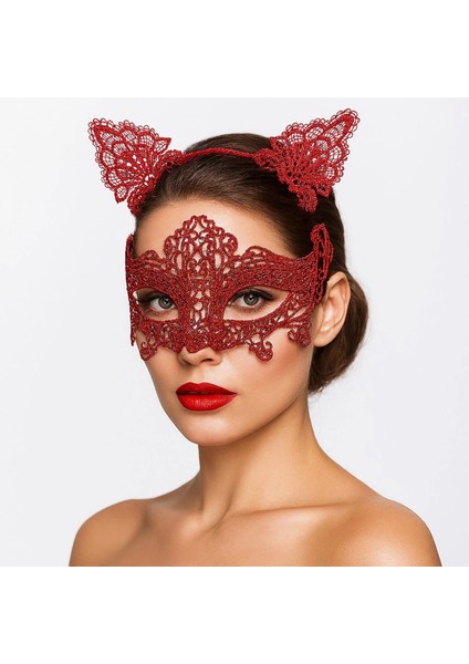 Romantik Kırmızı Dantel Maske Seti – Kedi Kulaklı Taç ve Maske 3 No
