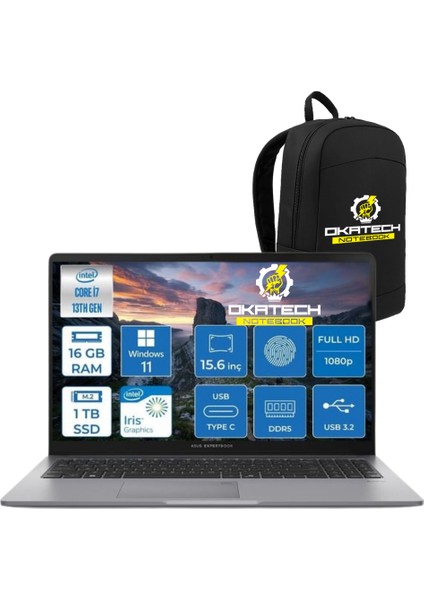 expertbook P1 P1503 Intel Core I7-13620H 16GB Ddr5 1tb SSD W11P 15.6 Fhd Taşınabilir Bilgisayar P1503CVA-I7161W11P + Sırt Çantası