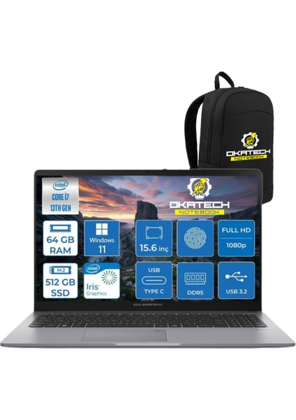 expertbook P1 P1503 Intel Core I7-13620H 64GB Ddr5 512 SSD W11P 15.6 Fhd Taşınabilir Bilgisayar P1503CVA-I764512W11P + Sırt Çantası