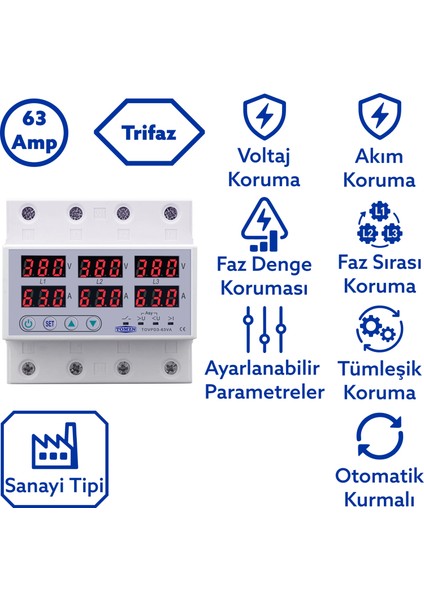 Trifaz Nötrsüz 380V Gerilim Ve Akım Koruma Yüksek Alçak Voltaj Akım Koruma 63A Sanayi Tipi modelleri