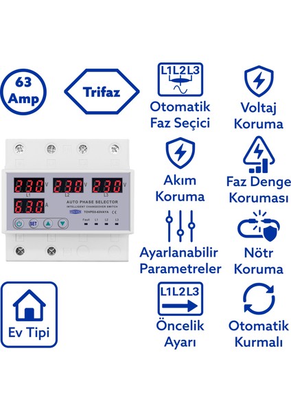 Otomatik Faz Seçici ve Yüksek Alçak Voltaj Akım Koruma Rölesi 63A Dahili Kontaktör