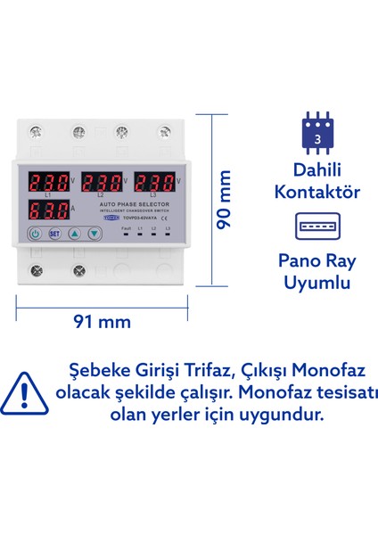 Otomatik Faz Seçici ve Yüksek Alçak Voltaj Akım Koruma Rölesi 63A Dahili Kontaktör
