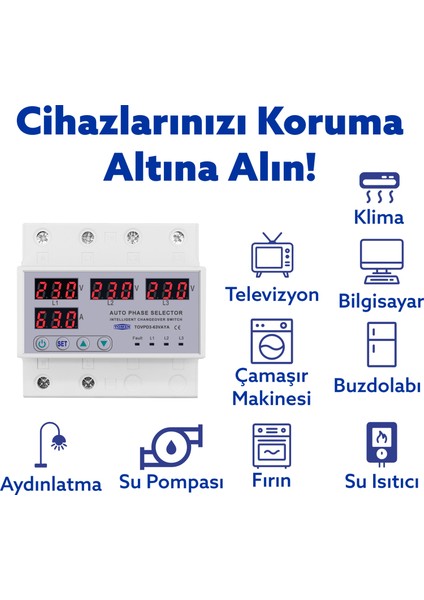 Otomatik Faz Seçici ve Yüksek Alçak Voltaj Akım Koruma Rölesi 63A Dahili Kontaktör