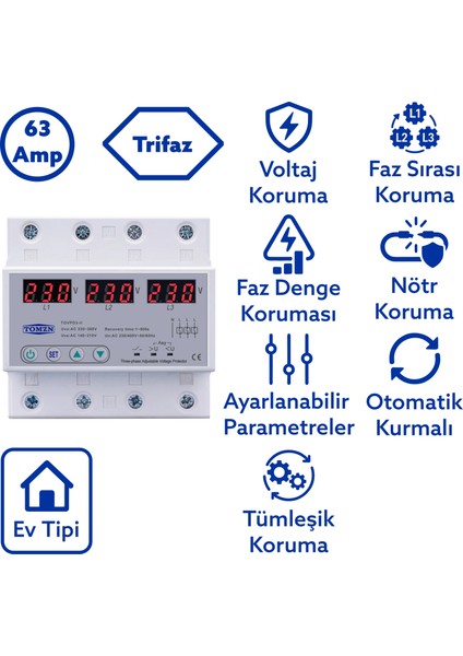 Voltaj Koruma Rölesi Koruyucu Röle 220V 63A 3 Fazlı - Ev Tipi Trifaz fiyatları