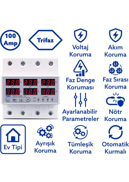 Ayrışık Voltaj ve Akım Koruma Rölesi Gerilim Koruyucu 100A 3 Fazlı - Ev Tipi Trifaz modelleri