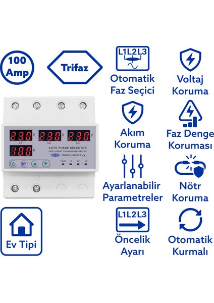 Otomatik Faz Seçici Ve Yüksek Alçak Voltaj Akım Koruma Rölesi 220v 100A